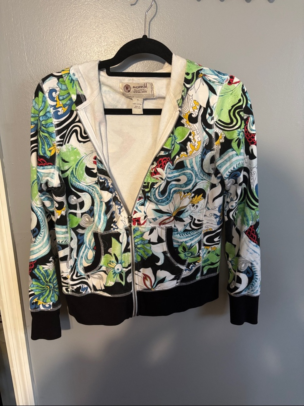 One World Multicolor Floral Zip Hoodie Jacket with Green and Blue Accents